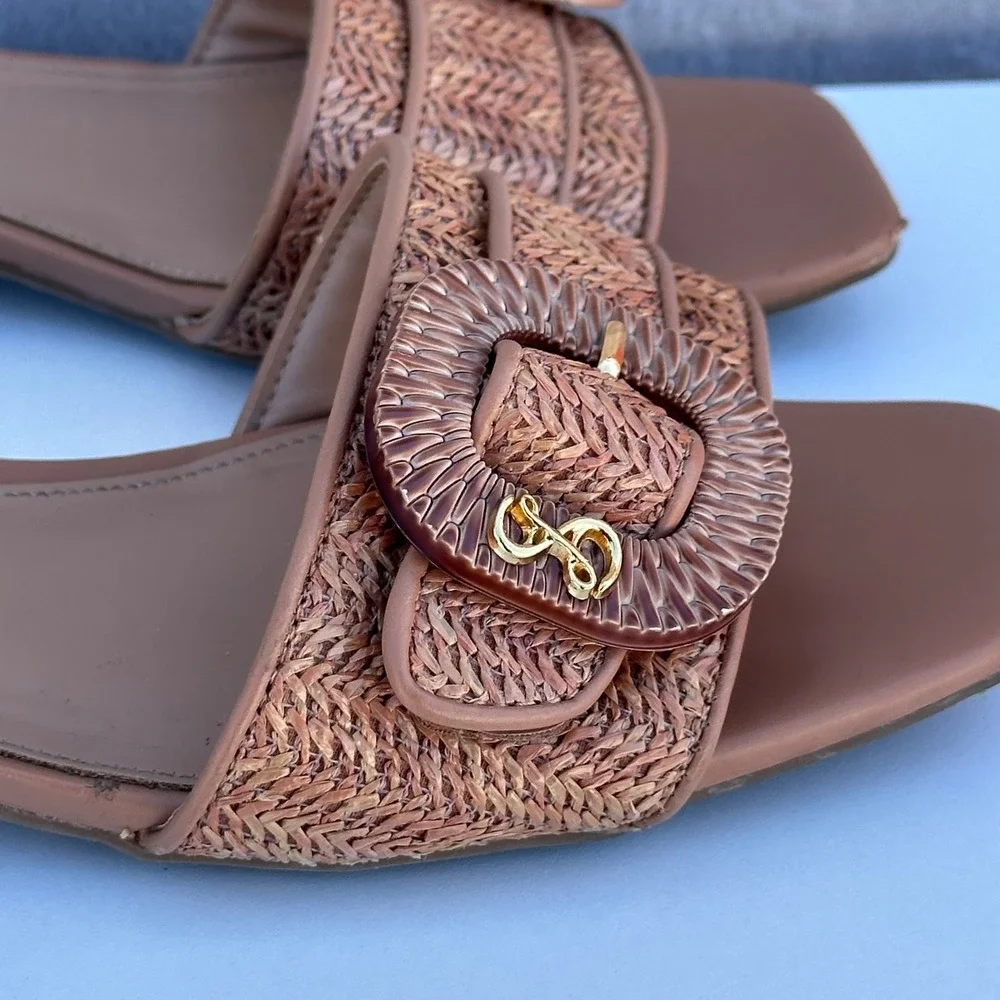 Sam & Libby Womens Woven Raffia Buckle Slide Sandals Tan Square Toe Block Heel